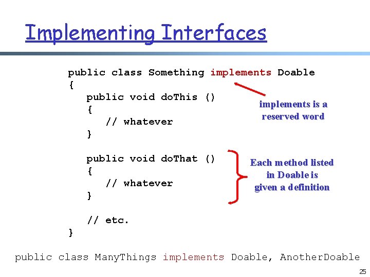 Implementing Interfaces public class Something implements Doable { public void do. This () implements