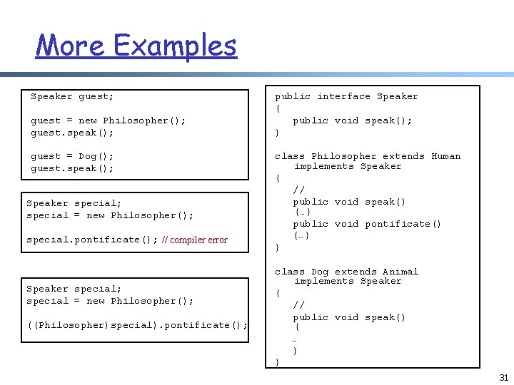 More Examples Speaker guest; guest = new Philosopher(); guest. speak(); guest = Dog(); guest.