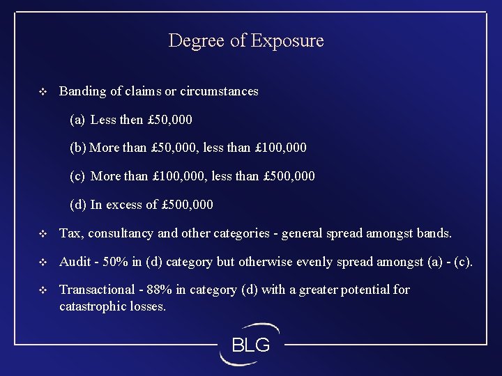 Degree of Exposure v Banding of claims or circumstances (a) Less then £ 50,