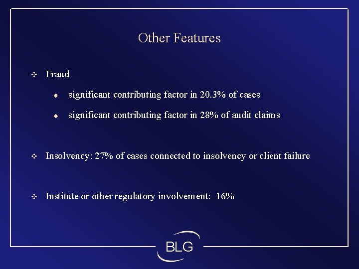 Other Features v Fraud ® significant contributing factor in 20. 3% of cases ®
