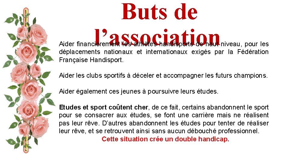 Buts de l’association Aider financièrement les athlètes handisports de haut niveau, pour les déplacements