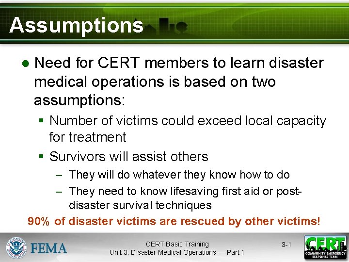 Assumptions ● Need for CERT members to learn disaster medical operations is based on