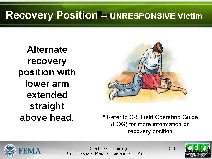 Recovery Position – UNRESPONSIVE Victim Alternate recovery position with lower arm extended straight above