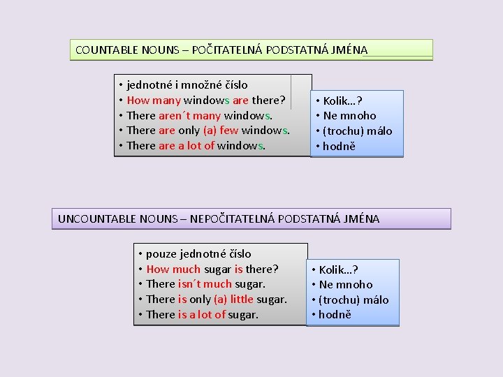 COUNTABLE NOUNS – POČITATELNÁ PODSTATNÁ JMÉNA • jednotné i množné číslo • How many