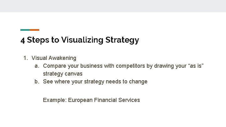 4 Steps to Visualizing Strategy 1. Visual Awakening a. Compare your business with competitors