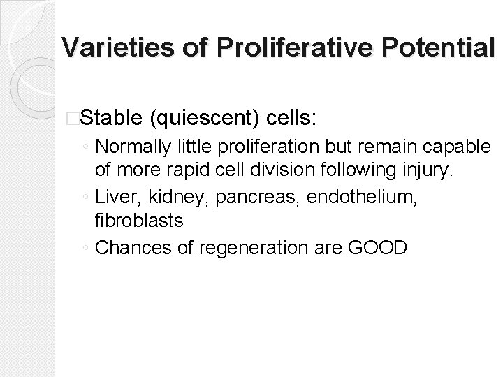 Varieties of Proliferative Potential �Stable (quiescent) cells: ◦ Normally little proliferation but remain capable