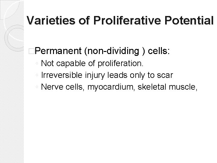Varieties of Proliferative Potential �Permanent (non-dividing ) cells: ◦ Not capable of proliferation. ◦