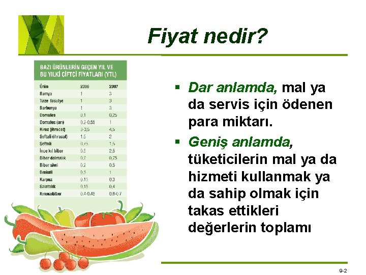 Fiyat nedir? § Dar anlamda, mal ya da servis için ödenen para miktarı. §