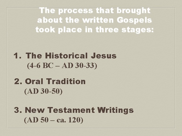 The process that brought about the written Gospels took place in three stages: 1.