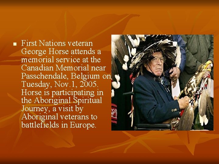n First Nations veteran George Horse attends a memorial service at the Canadian Memorial