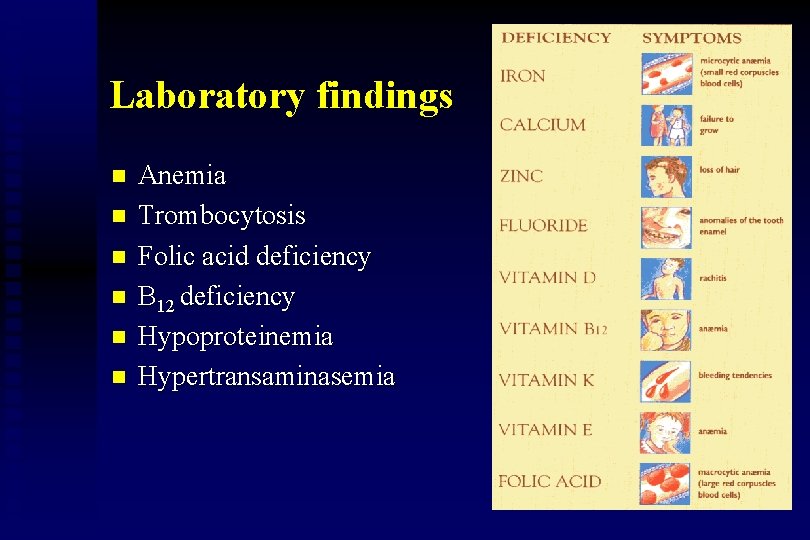 Laboratory findings n n n Anemia Trombocytosis Folic acid deficiency B 12 deficiency Hypoproteinemia