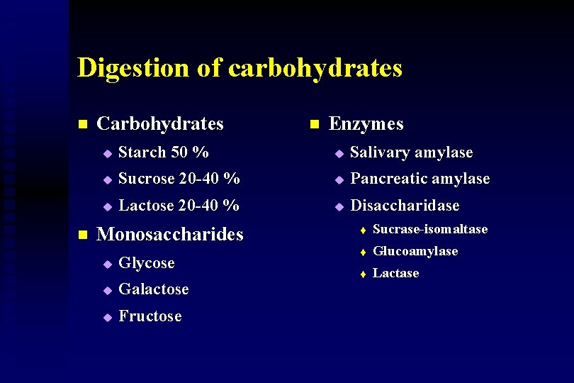 Digestion of carbohydrates n n Carbohydrates n Enzymes u Starch 50 % u Salivary