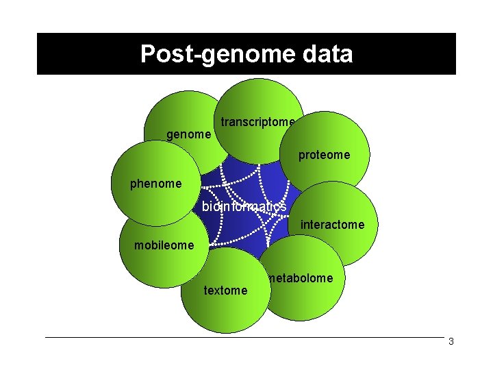 Post-genome data genome transcriptome proteome phenome bioinformatics interactome mobileome textome metabolome 3 