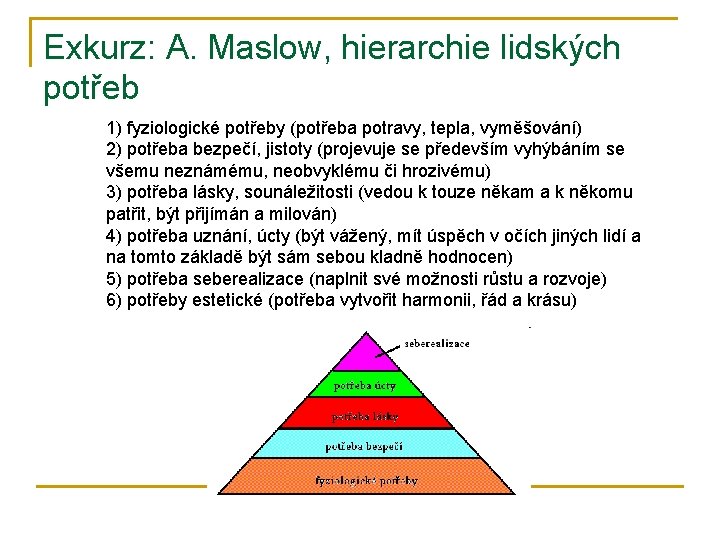 Exkurz: A. Maslow, hierarchie lidských potřeb 1) fyziologické potřeby (potřeba potravy, tepla, vyměšování) 2)