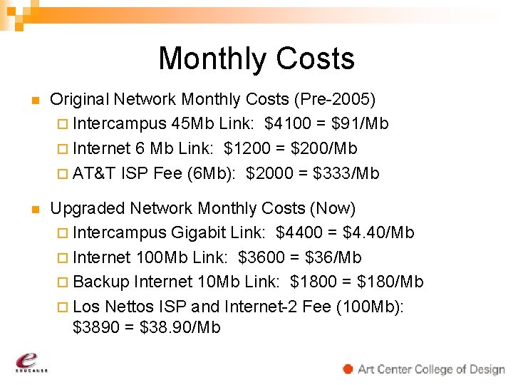 Monthly Costs n Original Network Monthly Costs (Pre-2005) ¨ Intercampus 45 Mb Link: $4100