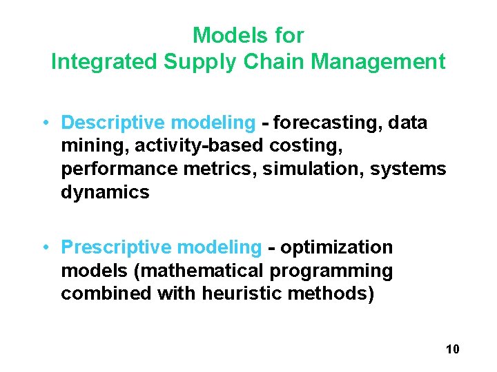Models for Integrated Supply Chain Management • Descriptive modeling - forecasting, data mining, activity-based Models for Integrated Supply Chain Management • Descriptive modeling - forecasting, data mining, activity-based