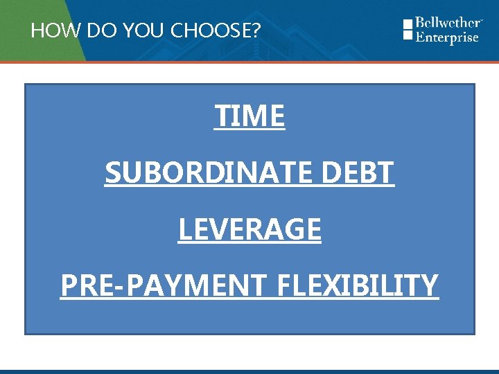 HOW DO YOU CHOOSE? TIME SUBORDINATE DEBT LEVERAGE PRE-PAYMENT FLEXIBILITY 