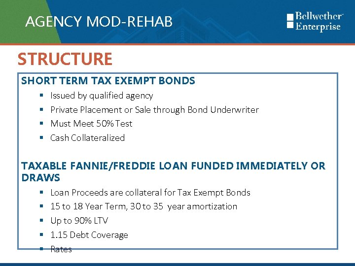 AGENCY MOD-REHAB STRUCTURE SHORT TERM TAX EXEMPT BONDS § Issued by qualified agency §