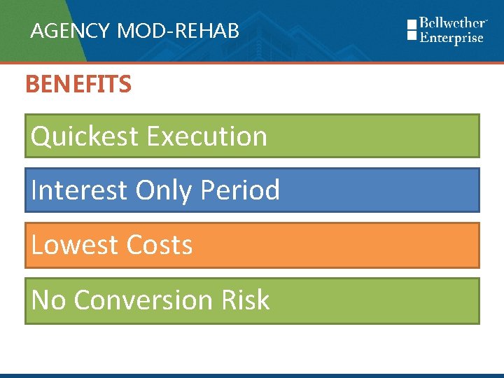 AGENCY MOD-REHAB BENEFITS Quickest Execution Interest Only Period Lowest Costs No Conversion Risk 