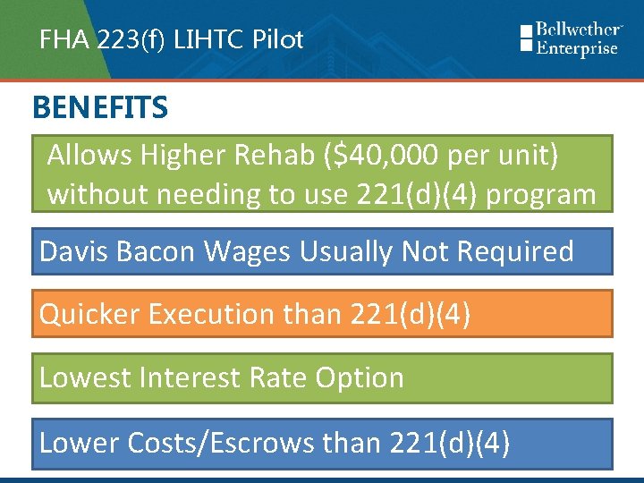 FHA 223(f) LIHTC Pilot BENEFITS Allows Higher Rehab ($40, 000 per unit) without needing