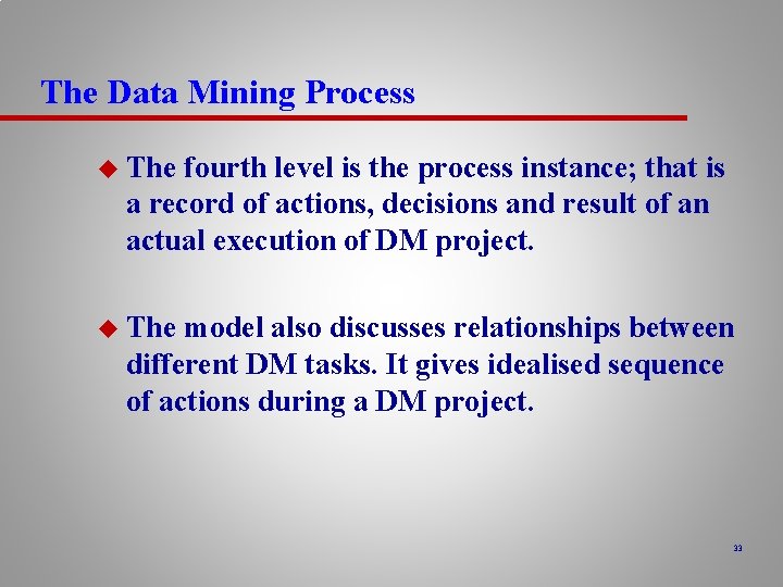 The Data Mining Process u The fourth level is the process instance; that is