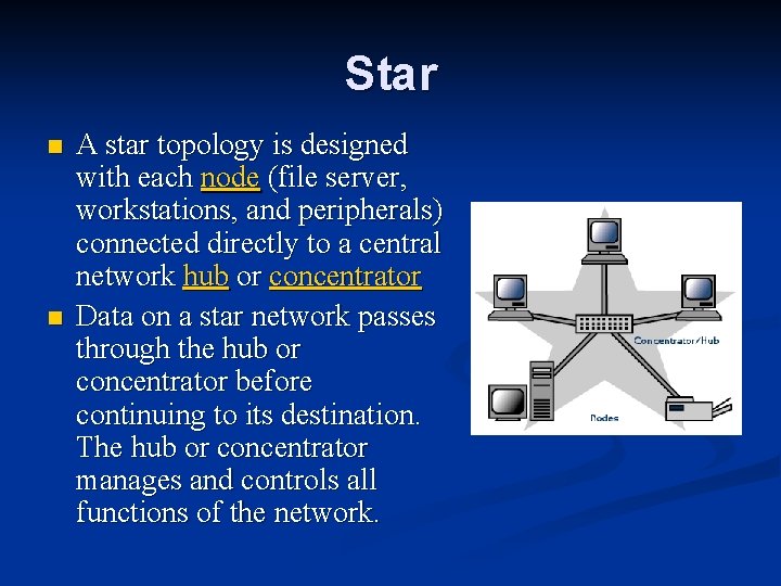 Star n n A star topology is designed with each node (file server, workstations,