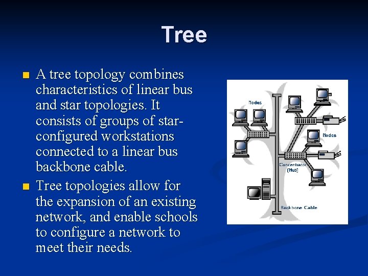 Tree n n A tree topology combines characteristics of linear bus and star topologies.