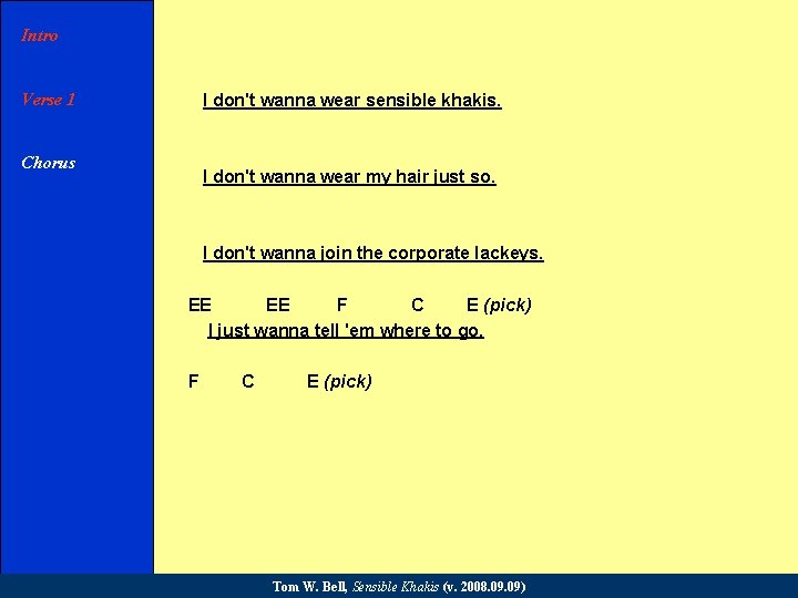 Intro Verse 1 I don't wanna wear sensible khakis. Chorus I don't wanna wear