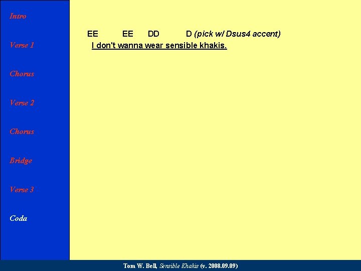 Intro Verse 1 EE EE DD D (pick w/ Dsus 4 accent) I don't