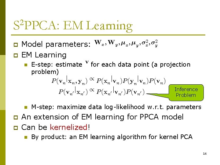 S 2 PPCA: EM Learning 2 ; ¾ 2 ; ; ¾ W W