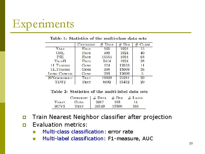 Experiments p p Train Nearest Neighbor classifier after projection Evaluation metrics: n n Multi-classification: