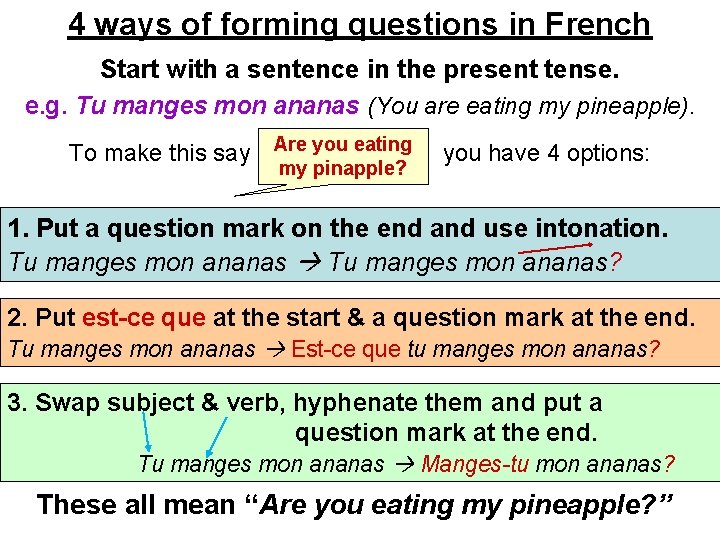 4 ways of forming questions in French Start with a sentence in the present