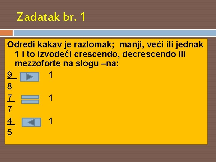 Zadatak br. 1 Odredi kakav je razlomak; manji, veći ili jednak 1 i to