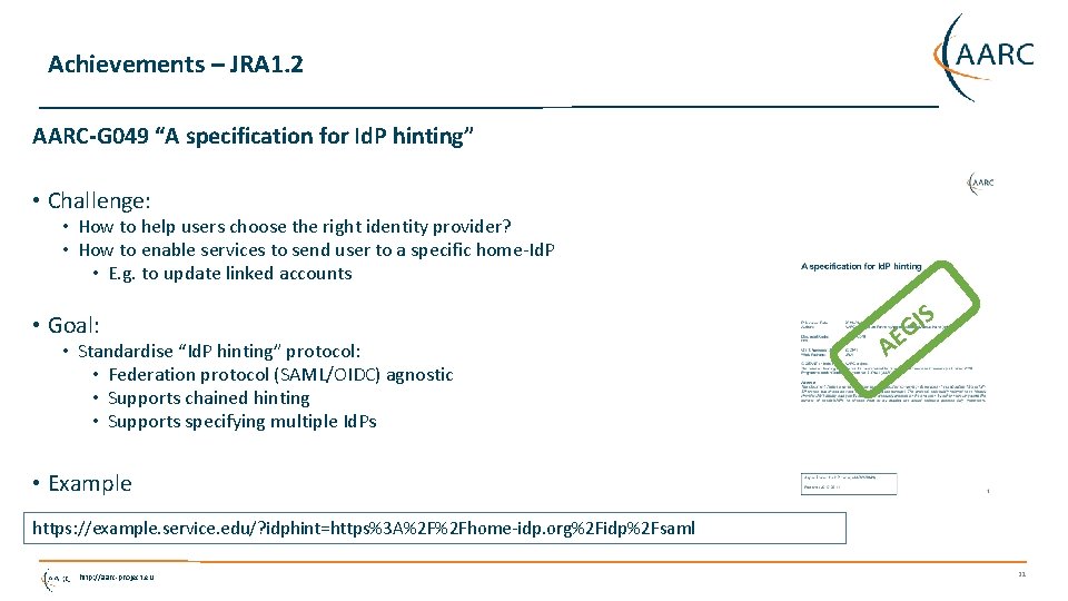 Achievements – JRA 1. 2 AARC-G 049 “A specification for Id. P hinting” •