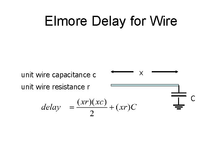 Elmore Delay for Wire unit wire capacitance c x unit wire resistance r C