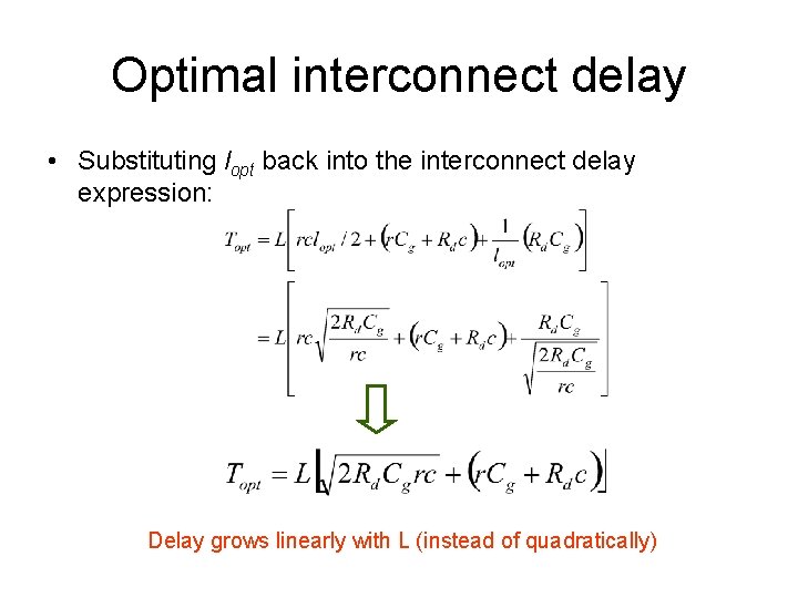 Optimal interconnect delay • Substituting lopt back into the interconnect delay expression: Delay grows