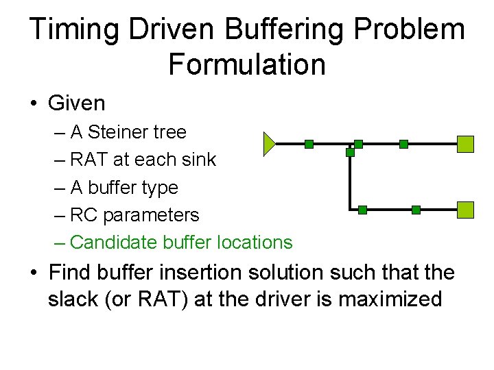 Timing Driven Buffering Problem Formulation • Given – A Steiner tree – RAT at