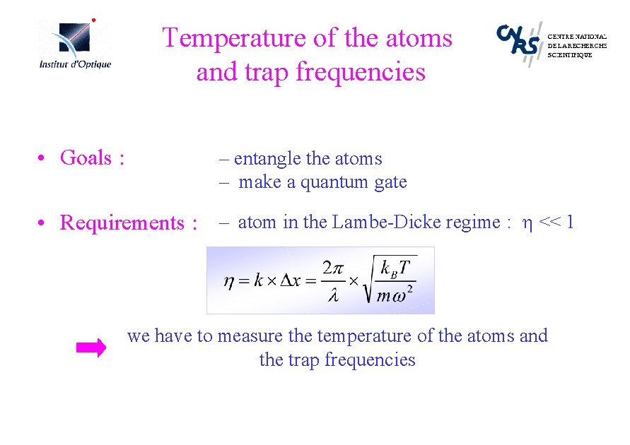 Temperature of the atoms and trap frequencies • Goals : – entangle the atoms