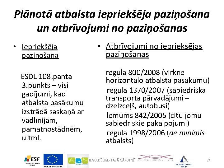 Plānotā atbalsta iepriekšēja paziņošana un atbrīvojumi no paziņošanas • Iepriekšēja paziņošana • Atbrīvojumi no