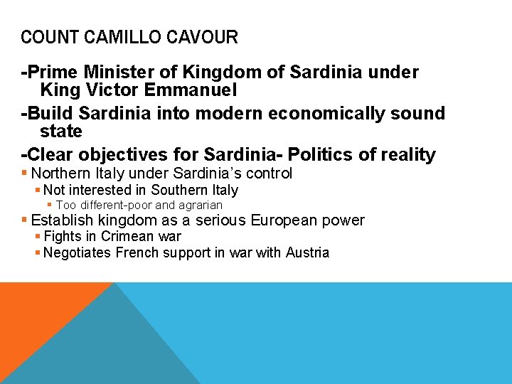 COUNT CAMILLO CAVOUR -Prime Minister of Kingdom of Sardinia under King Victor Emmanuel -Build