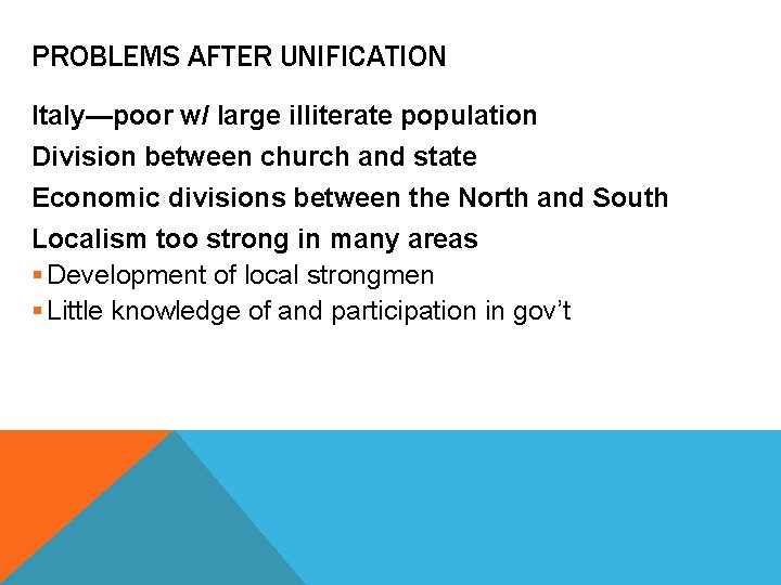 PROBLEMS AFTER UNIFICATION Italy—poor w/ large illiterate population Division between church and state Economic