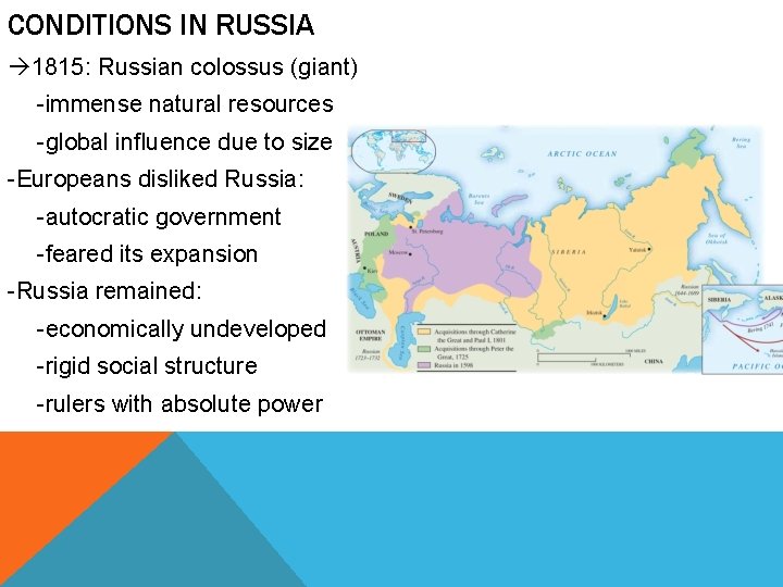 CONDITIONS IN RUSSIA 1815: Russian colossus (giant) -immense natural resources -global influence due to