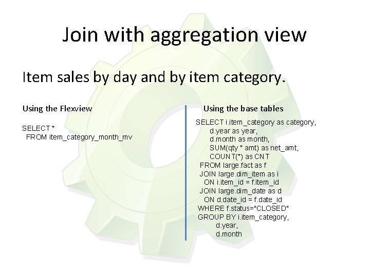 Join with aggregation view Item sales by day and by item category. Using the