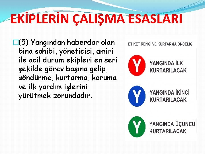 EKİPLERİN ÇALIŞMA ESASLARI �(5) Yangından haberdar olan bina sahibi, yöneticisi, amiri ile acil durum