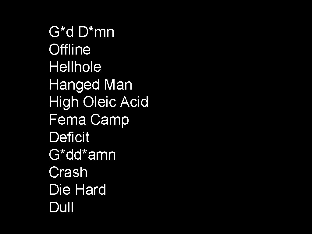 G*d D*mn Offline Hellhole Hanged Man High Oleic Acid Fema Camp Deficit G*dd*amn Crash