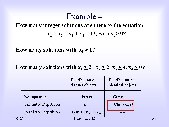 Example 4 How many integer solutions are there to the equation x 1 +