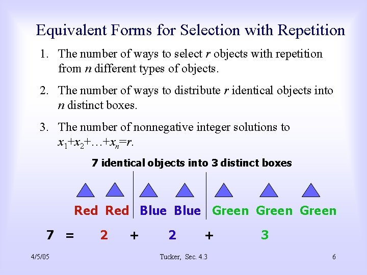 Equivalent Forms for Selection with Repetition 1. The number of ways to select r