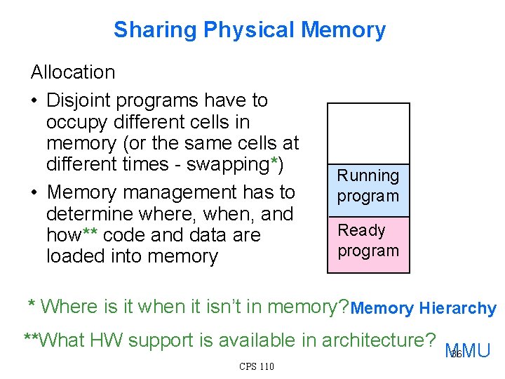 Sharing Physical Memory Allocation • Disjoint programs have to occupy different cells in memory