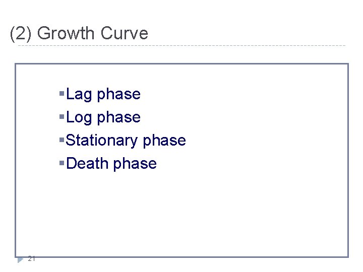 (2) Growth Curve §Lag phase §Log phase §Stationary phase §Death phase 21 