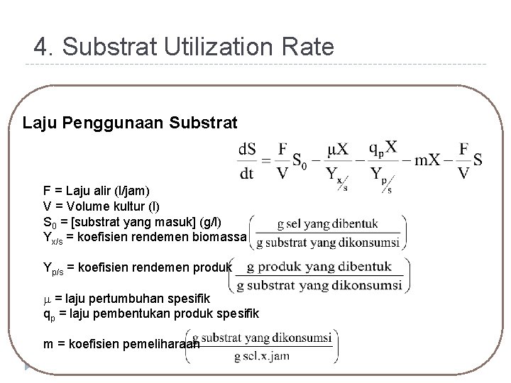 4. Substrat Utilization Rate Laju Penggunaan Substrat F = Laju alir (l/jam) V =